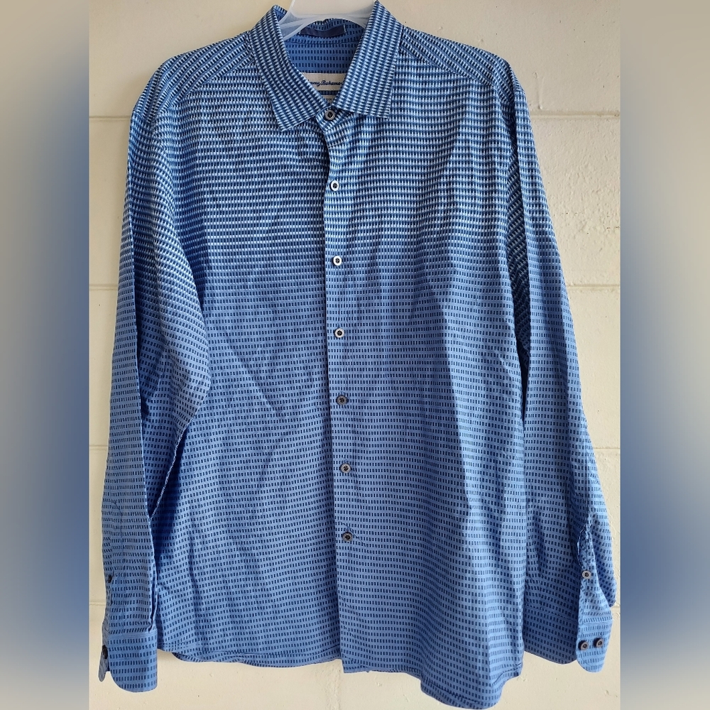 Tommy Bahama Island Modern Fit Silk Blend Long Sleeve Large Blue Geometric